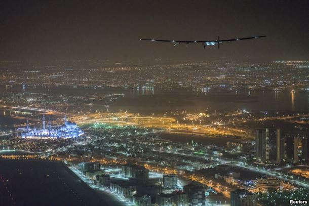 Solar Impulse 2, the solar powered plane, piloted by Swiss pioneer Bertrand Piccard, is seen before landing in Abu Dhabi to finish the first around the world flight without the use of fuel, United Arab Emirates July 26, 2016.