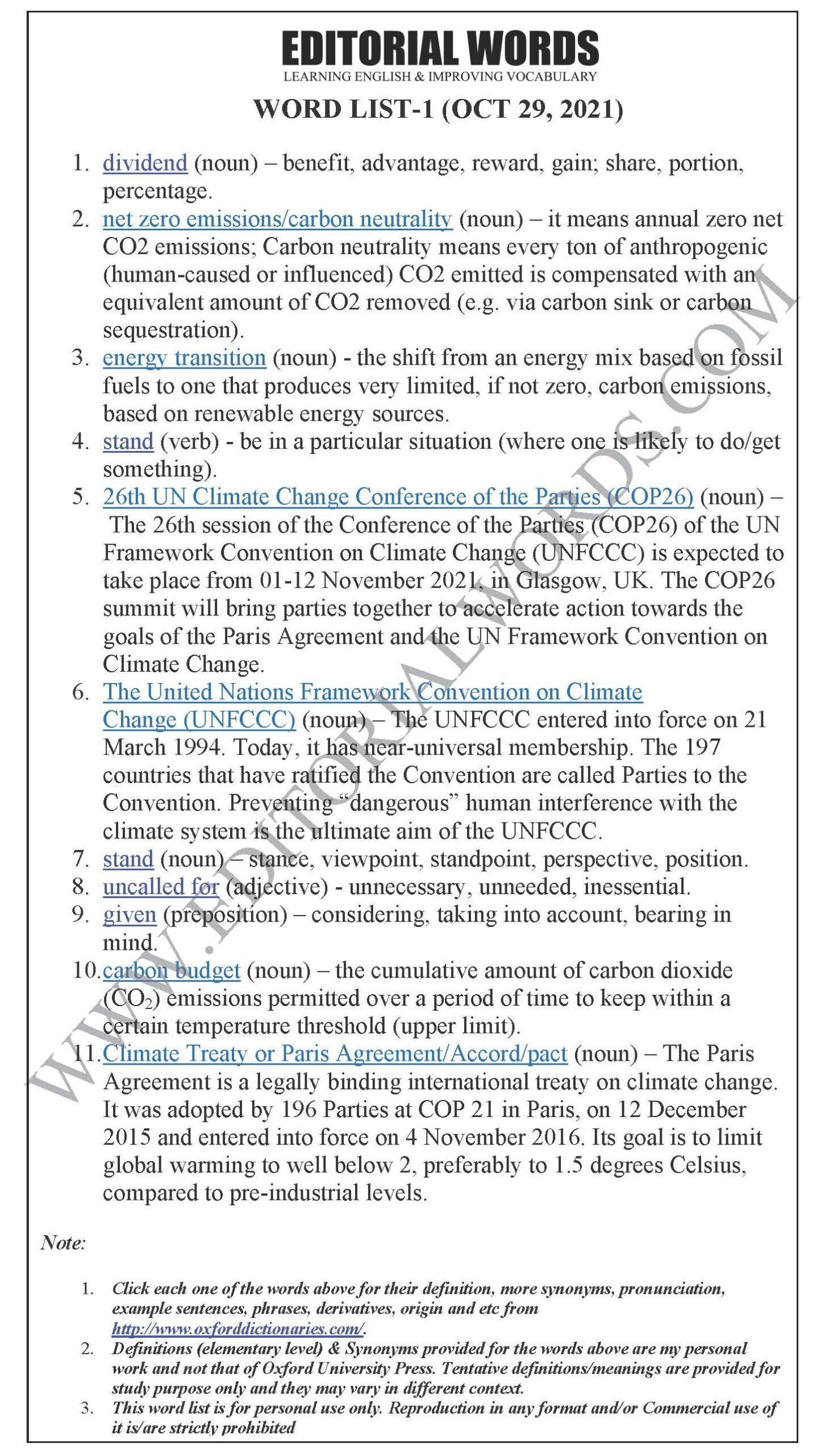 The Hindu Editorial (A climate dividend) – Oct 29, 2021