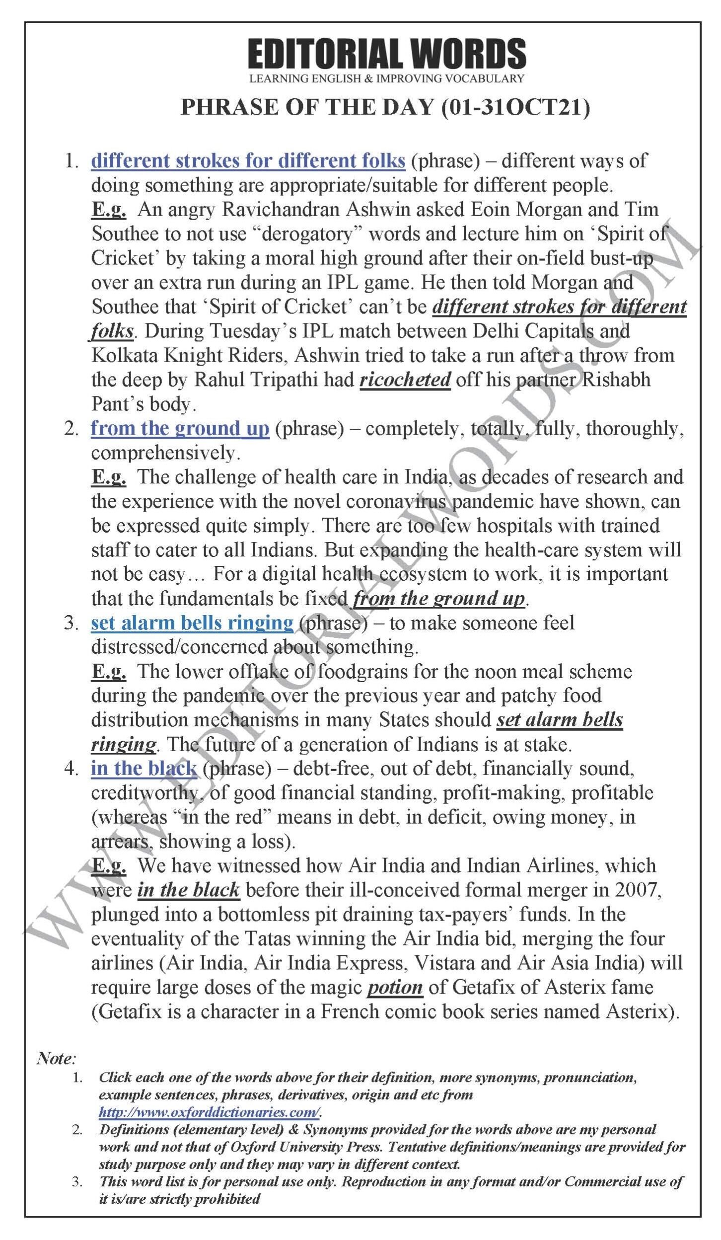 Phrase Of The Day We Learnt Last Month Oct 01 31 2021 Editorial Words