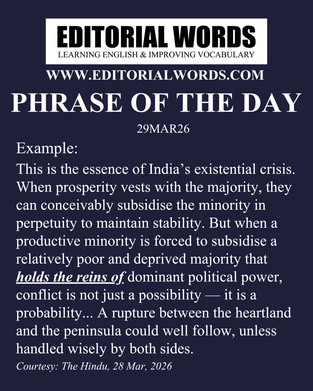 Phrase of the Day (hold the reins of)-29MAR26
